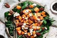 Spinach Sweet Potato Pecan Salad with Goat Cheese