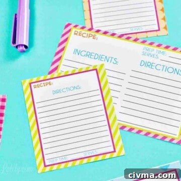 striped recipe cards on a blue background.