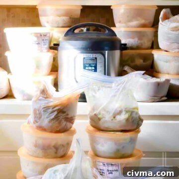 freezer meals stacked around an instant pot.