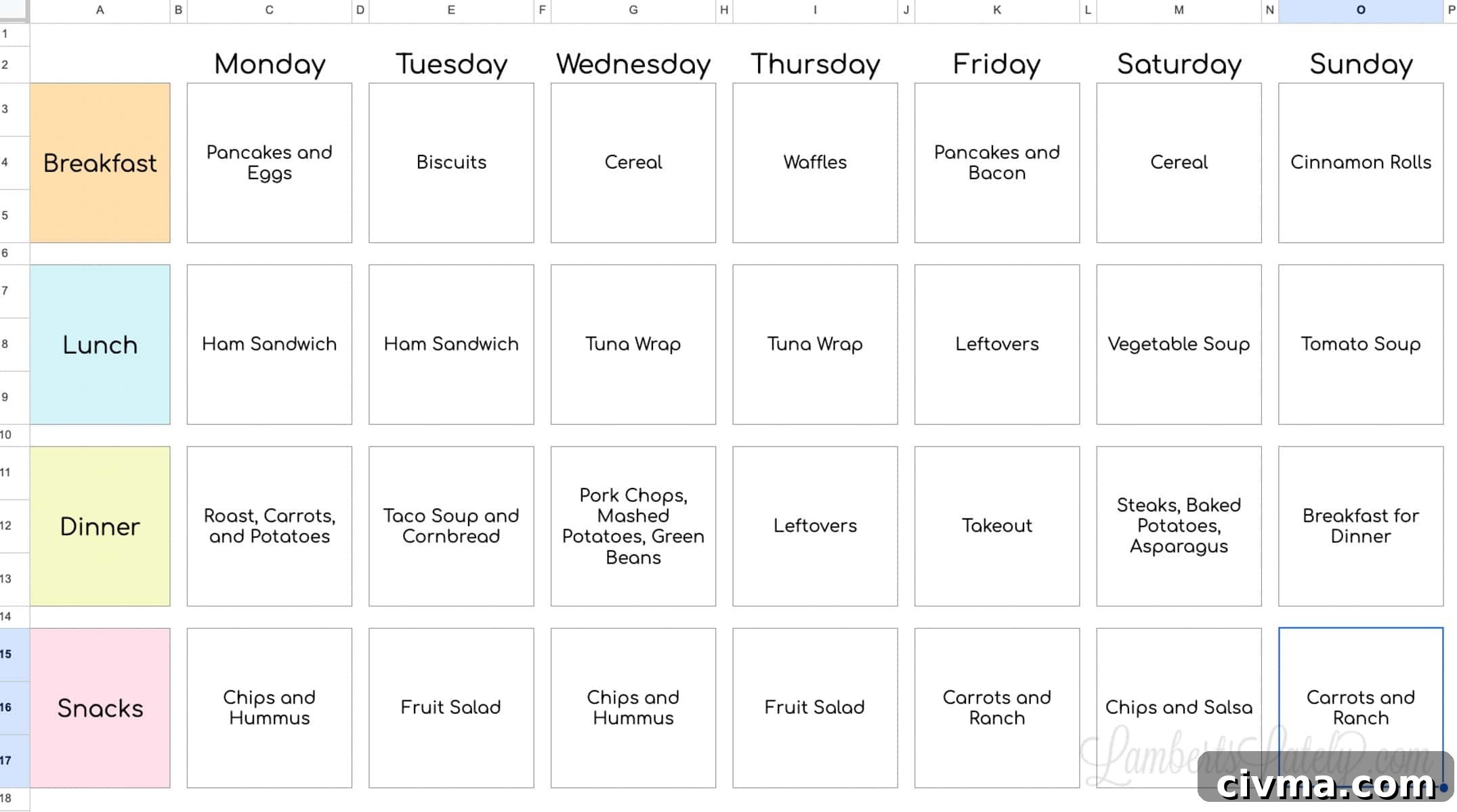 weekly meal planning tab in google sheets.