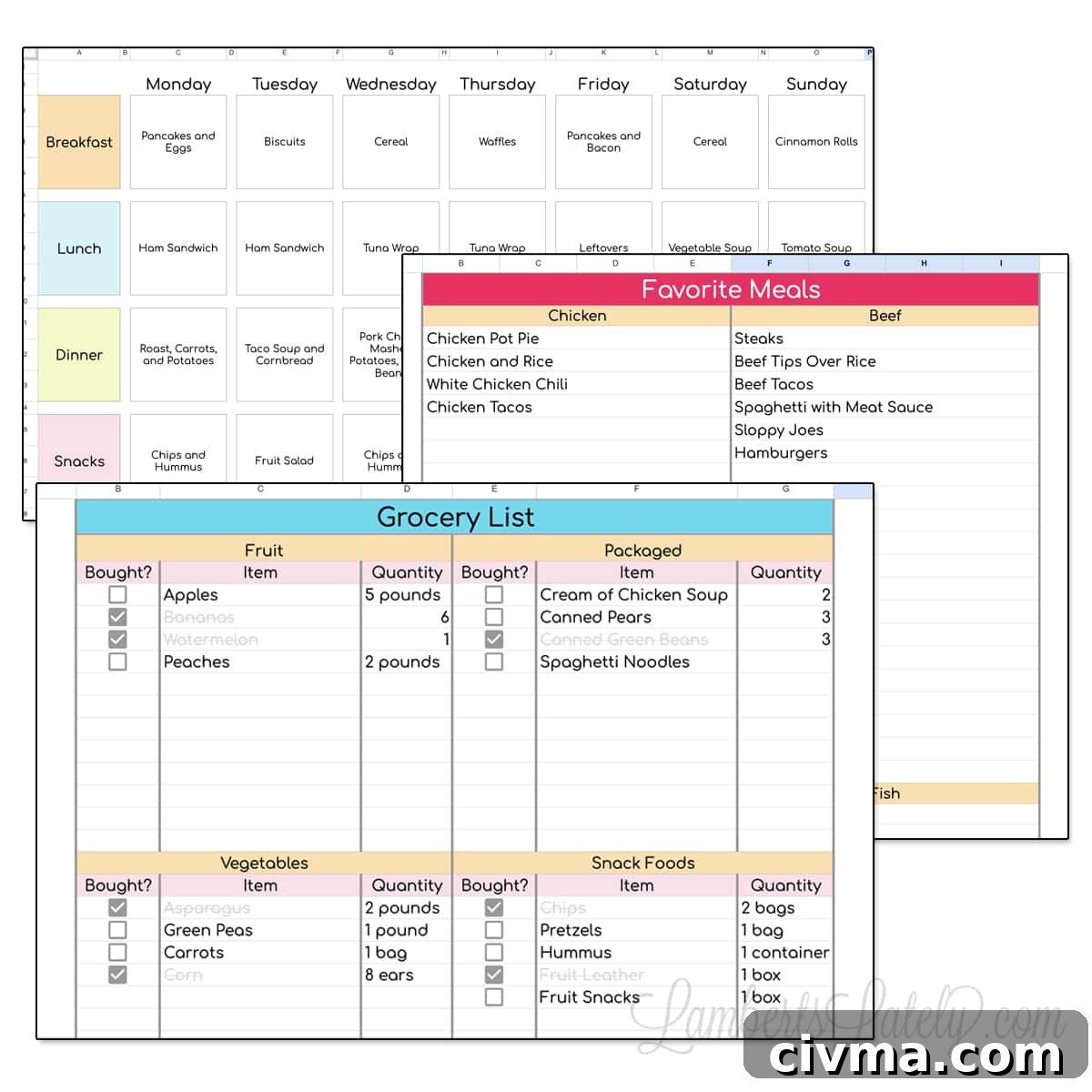 meal planning template screenshots.