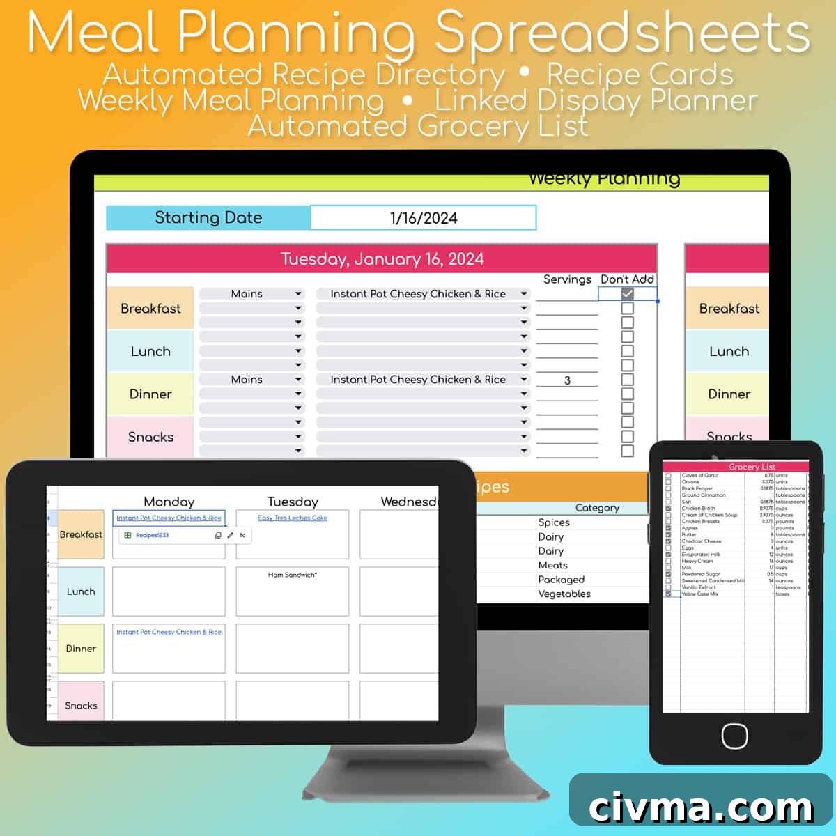 meal planning spreadsheets on phone, tablet, and computer.
