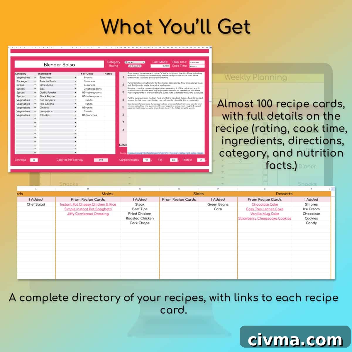 recipe cards and recipe directory in spreadsheets.