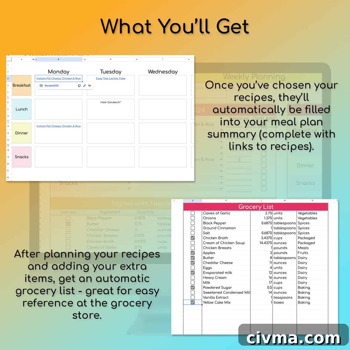 weekly meal plan and grocery list spreadsheets.