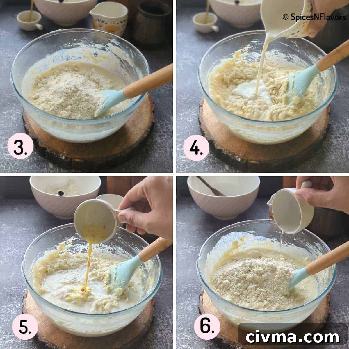 adding dry and wet ingredients to create a cake batter