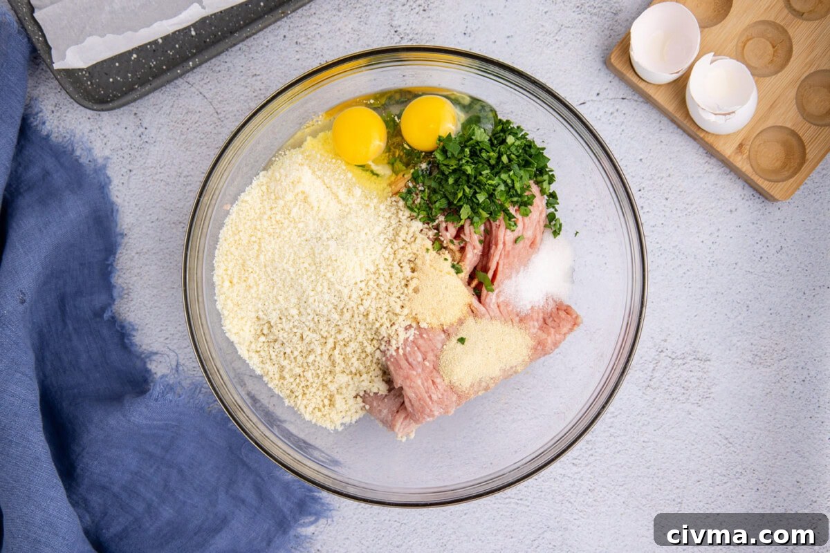 ground chicken in a bowl with egg, panko breadcrumbs, parsley, milk, and seasonings