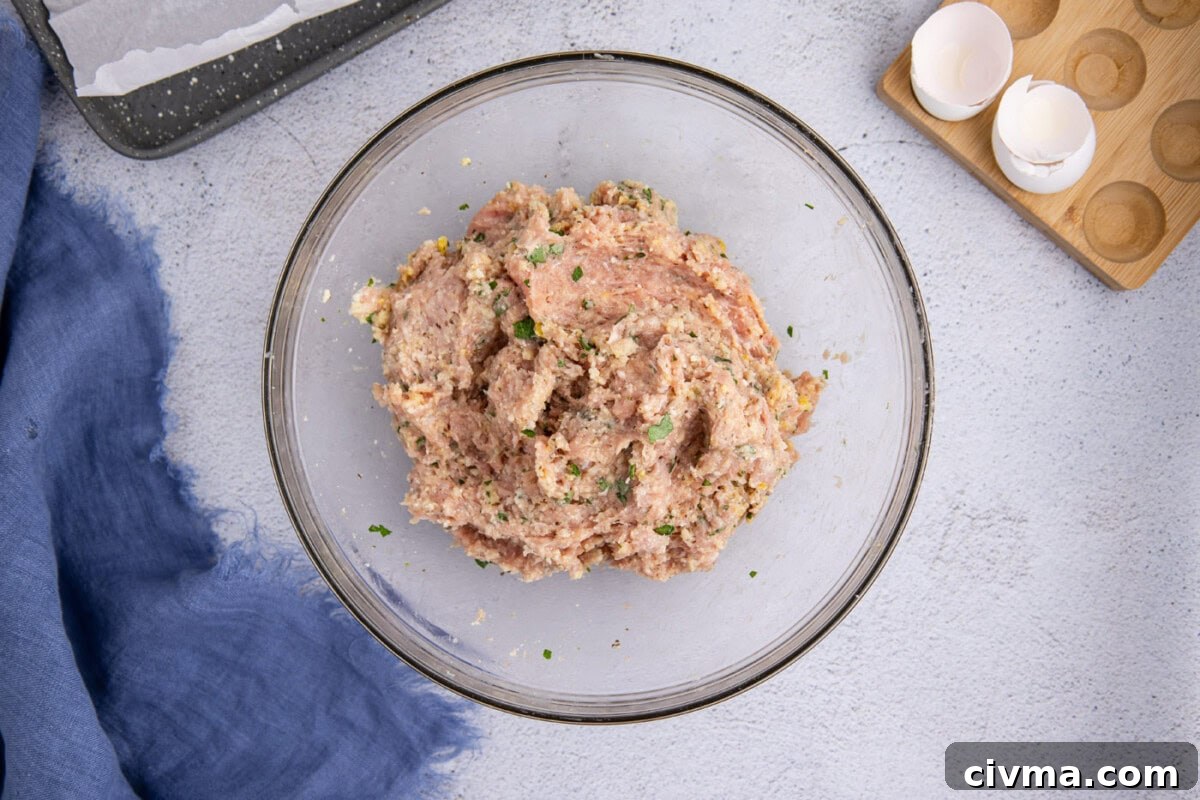 chicken meatball mixture in a mixing bowl