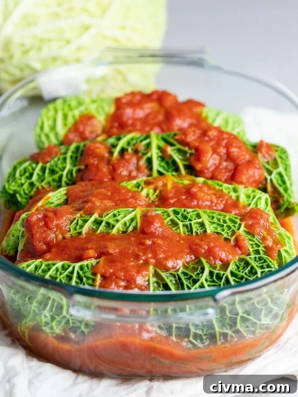 easy stuffed cabbage rolls in a casserole dish topped with red tomato sauce