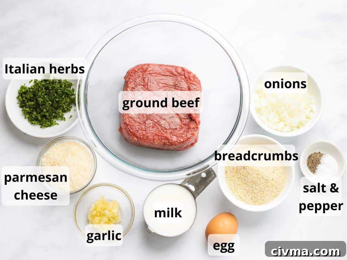 Ingredients for Italian meatballs including ground beef, breadcrumbs, parmesan cheese, and Italian herbs.