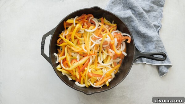 fajita veggies in cast iron skillet
