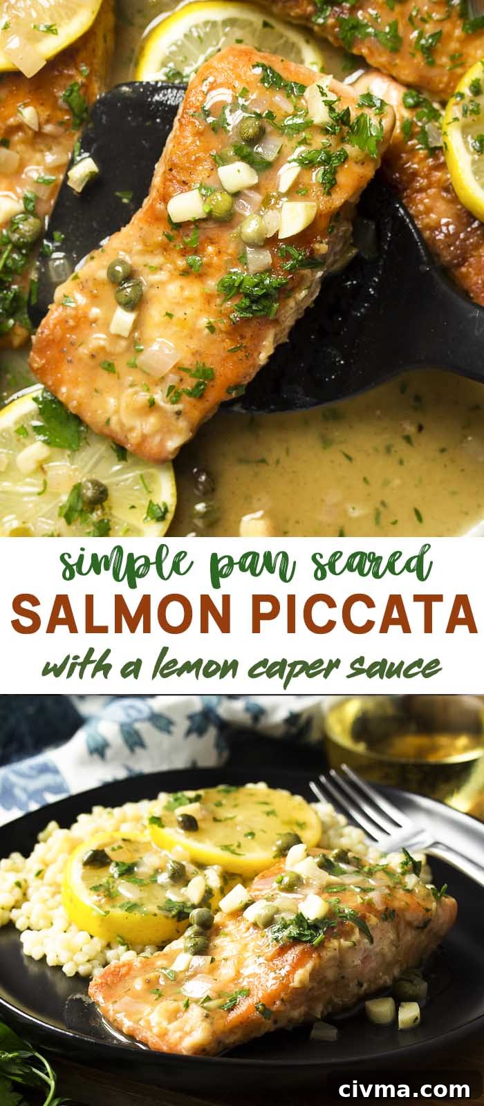 Salmon being served and on a plate with text overlay - Salmon Piccata.
