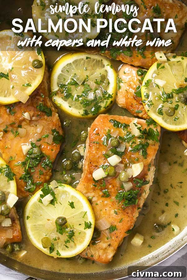 Salmon in the skillet covered in sauce with text overlay - Salmon Piccata.