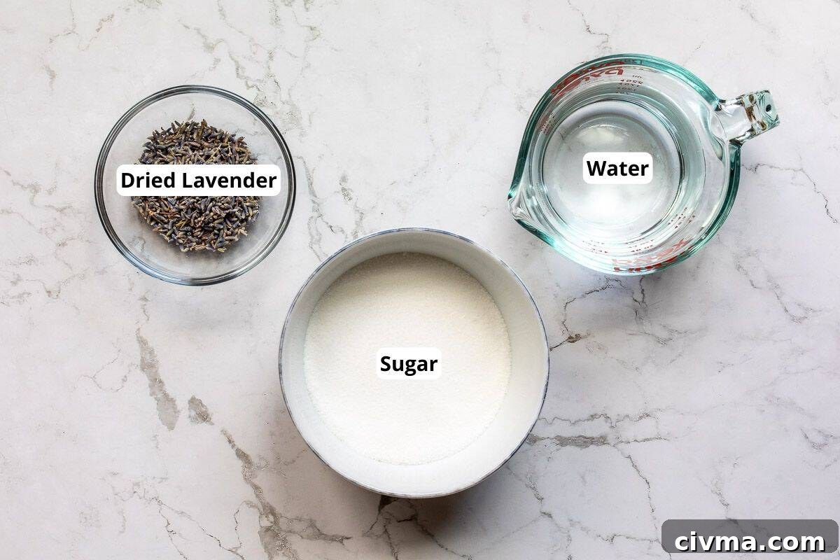 bowls of dried lavender and sugar next to measuring cup with water.