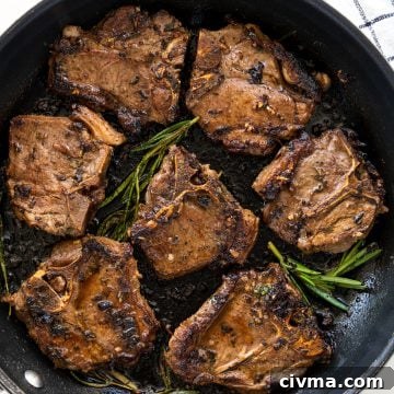 Lamb chops pan-seared and infused with mediterranean flavor from the marinade.