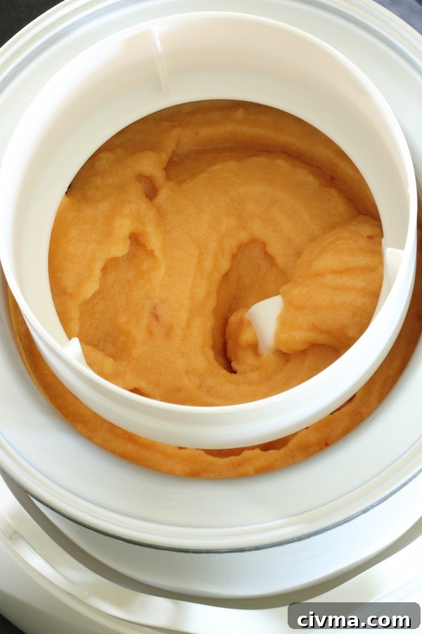Peach sorbet churning in an ice cream maker