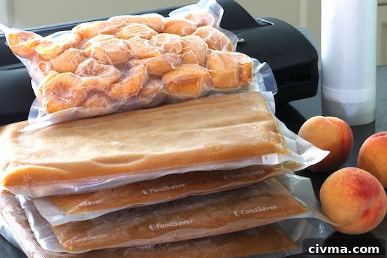 Packages of frozen peaches