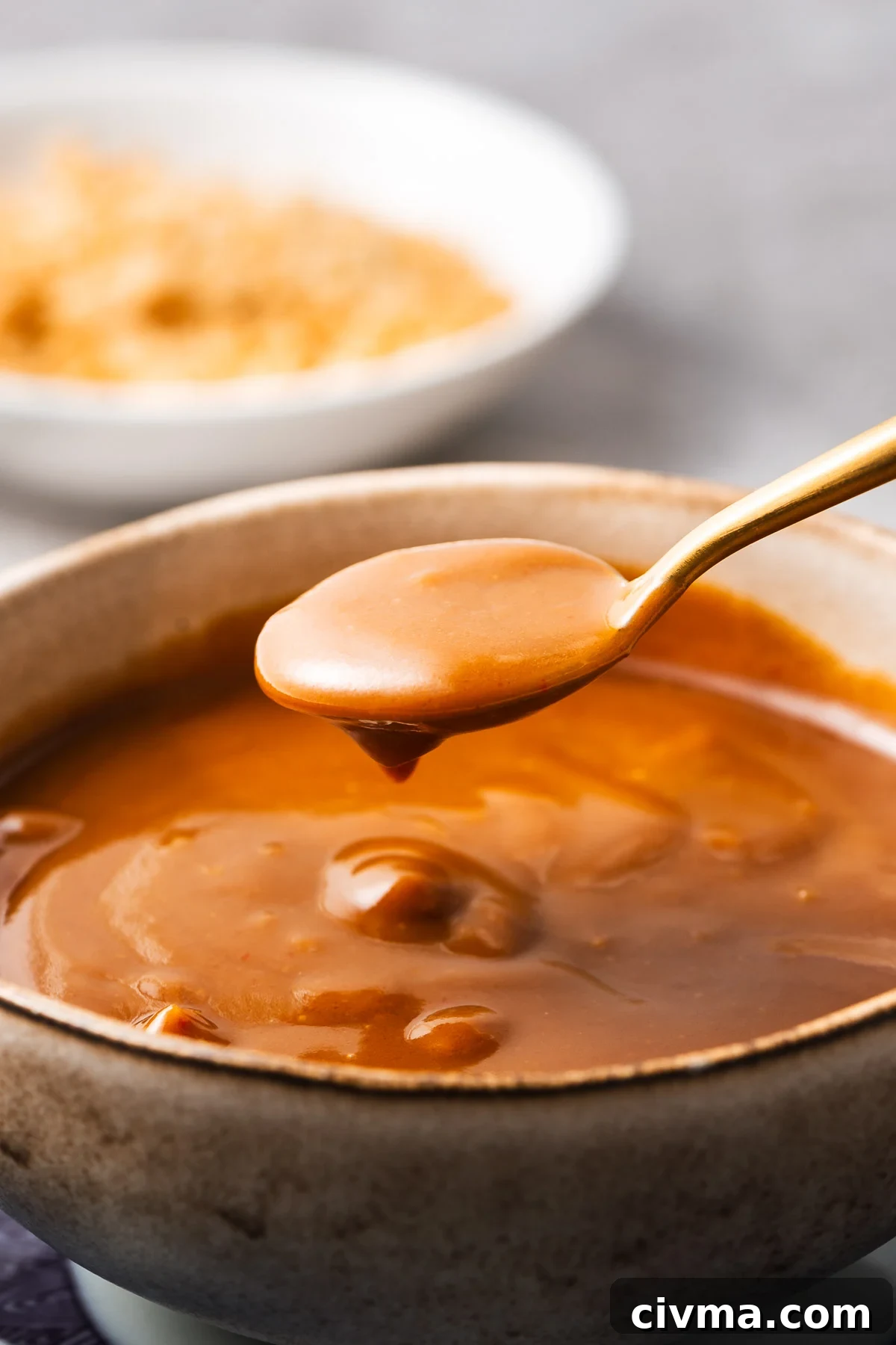 A teaspoon of peanut butter and hoisin dipping sauce with crushed peanuts in the background. The hoisin peanut butter sauce has a thick and creamy texture.