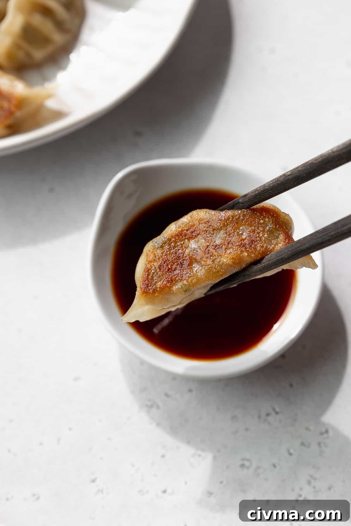 A veggie dumpling being dipped into sauce.