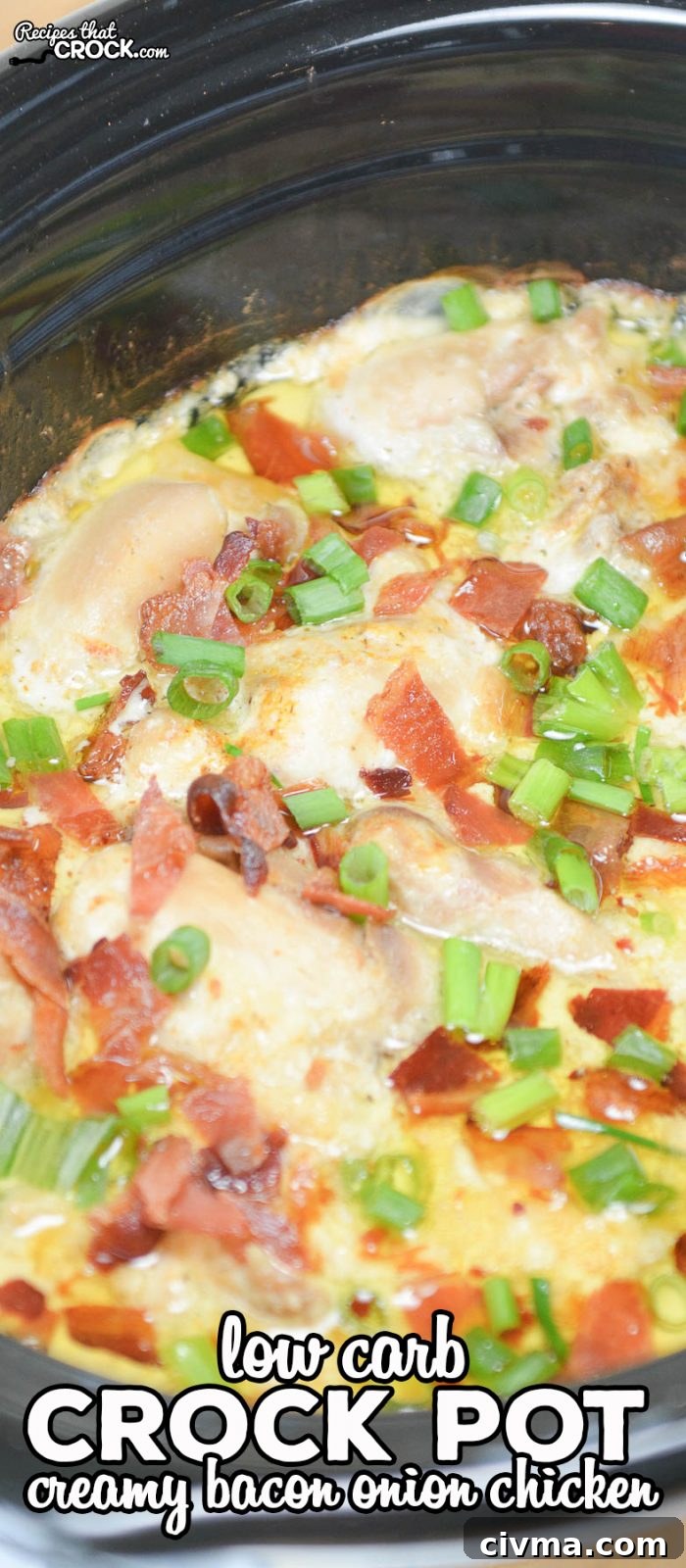 Low Carb Crock Pot Creamy Bacon Onion Chicken served with bacon and green onion topping