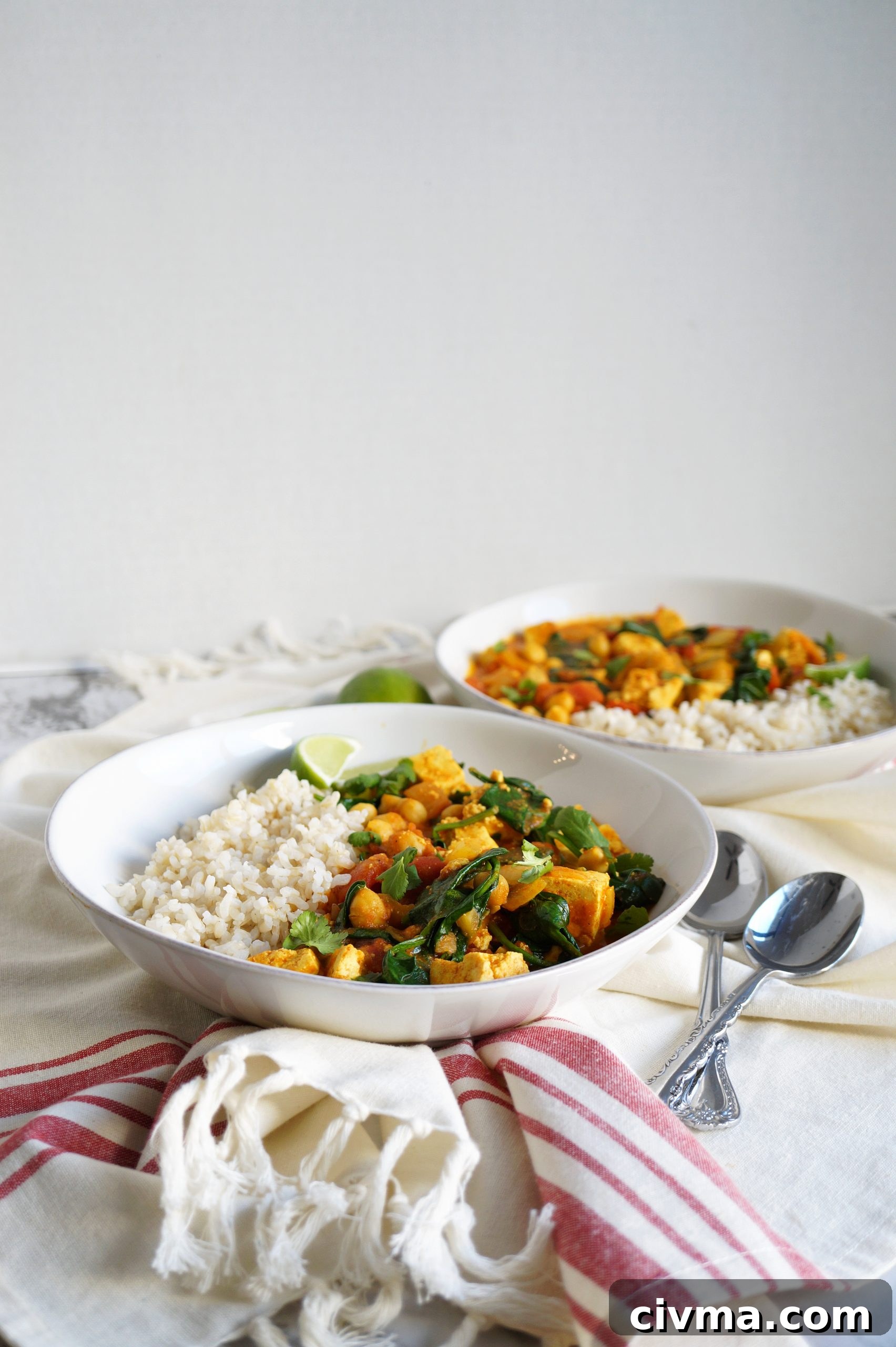 vegan chickpea curry with tofu and spinach