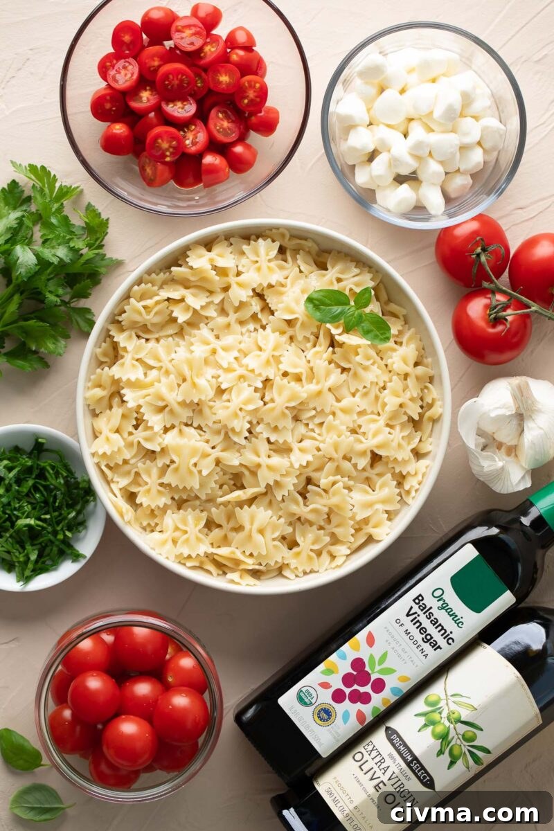 Caprese Pasta Salad Ingredients: cherry tomatoes, bowtie pasta, mozzarella balls, fresh basil, extra virgin olive oil, and balsamic vinegar