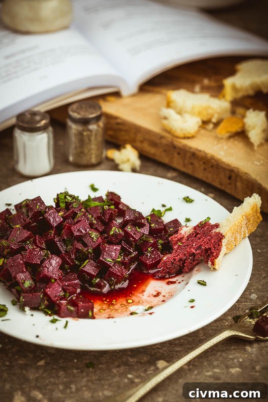 Fresh beetroot salad with chopped mint and a sweet pomegranate dressing, ready in about ten minutes.