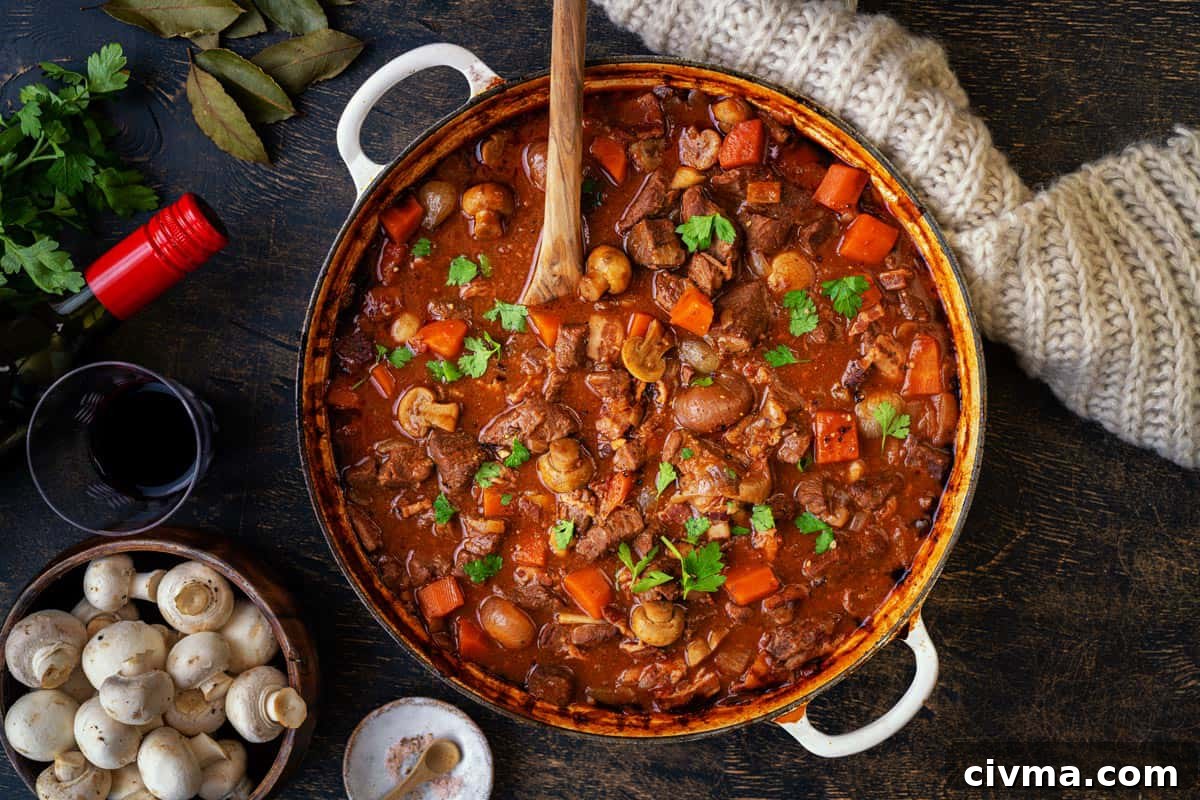 Beef Bourguignon served in a bowl