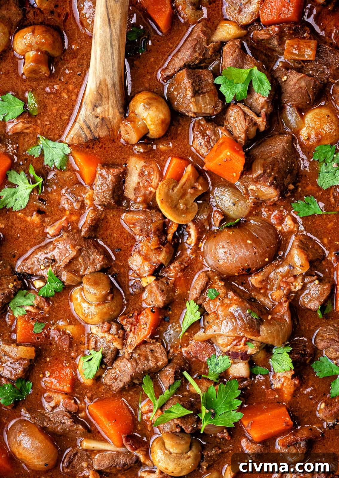 Beef Bourguignon in a casserole dish