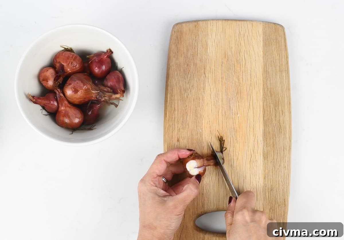 Prepared shallots for Beef Bourguignon