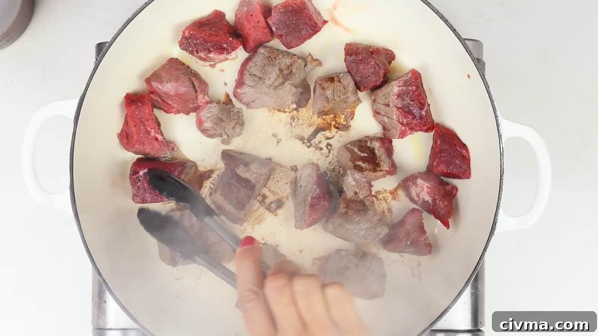 Browning beef for Beef Bourguignon