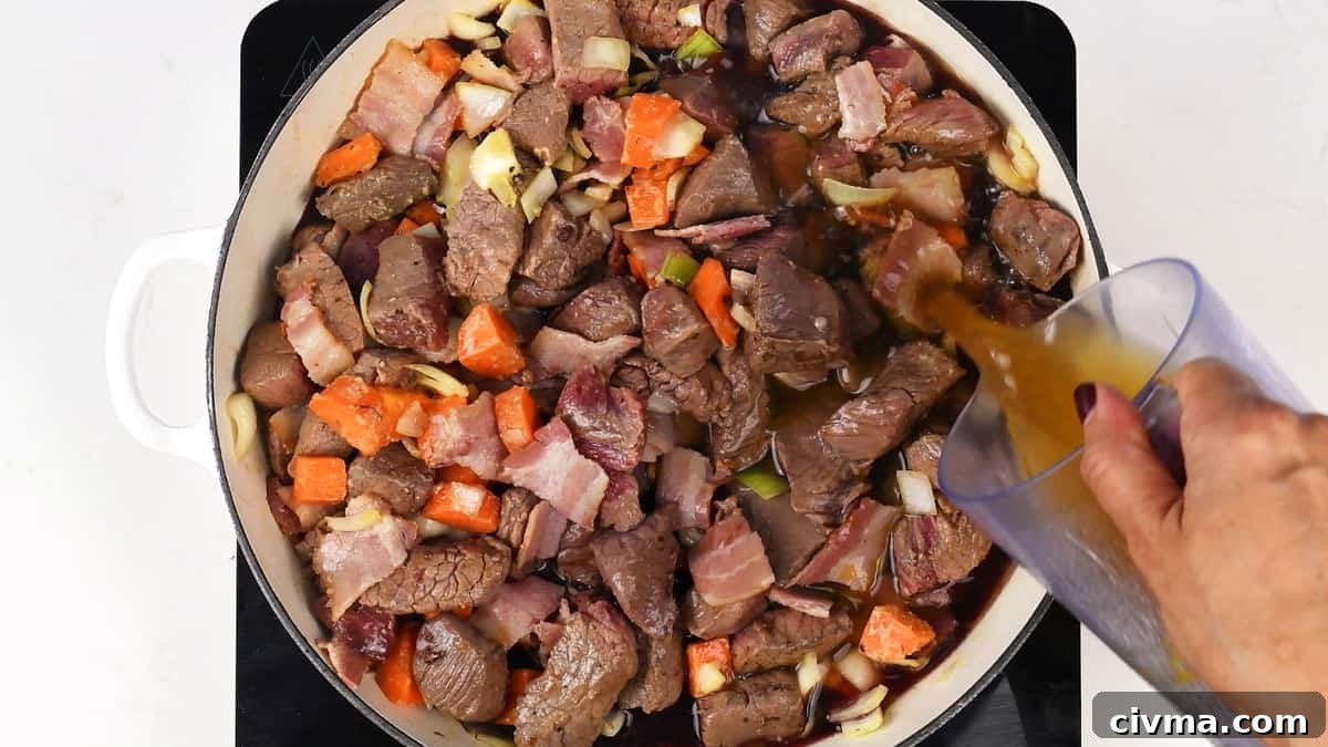 Beef Bourguignon ready to simmer