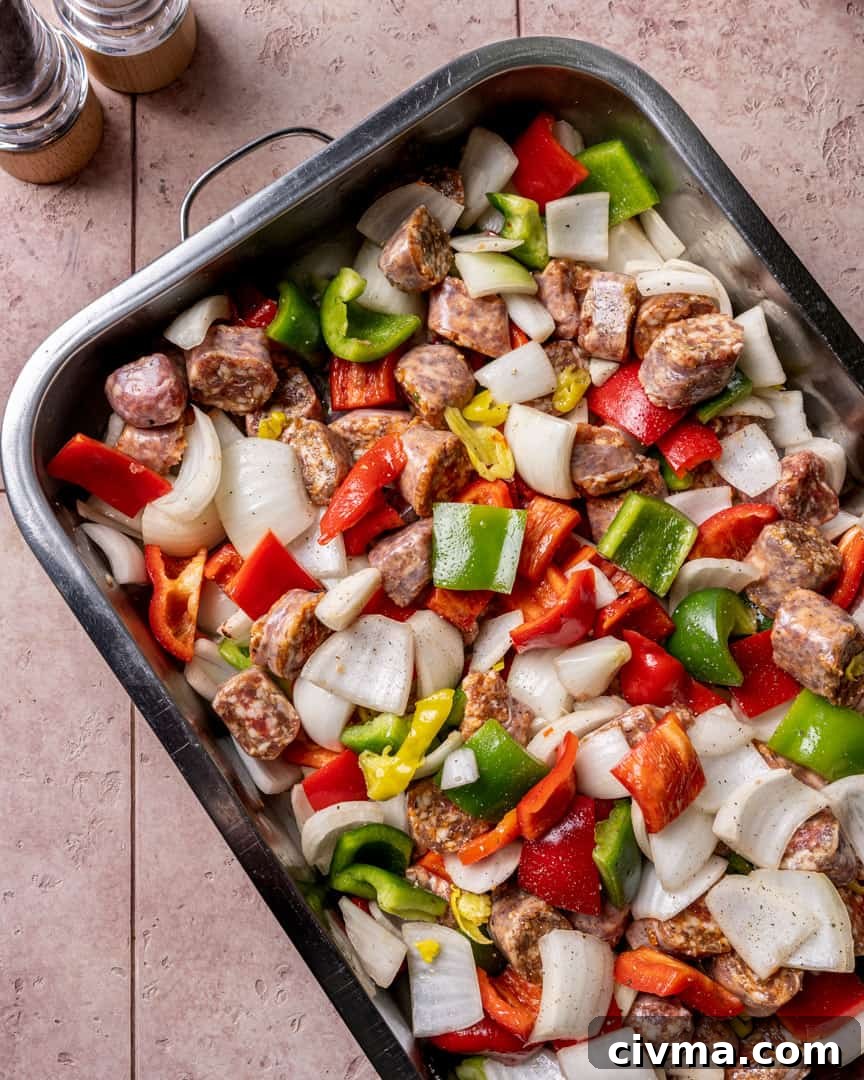 Italian Sausage and Peppers Step 2: Add all ingredients to a large roasting pan.