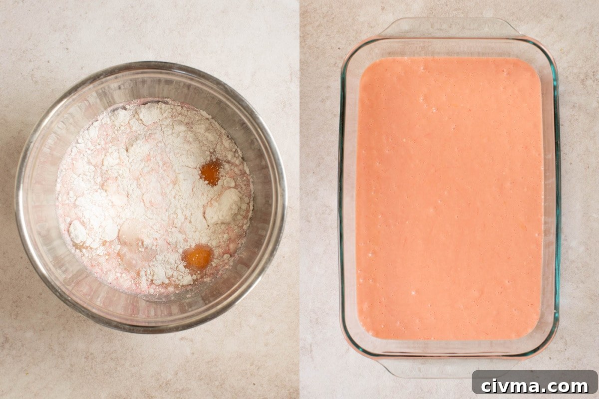 mixing together the cake mix before baking for strawberry tres leches