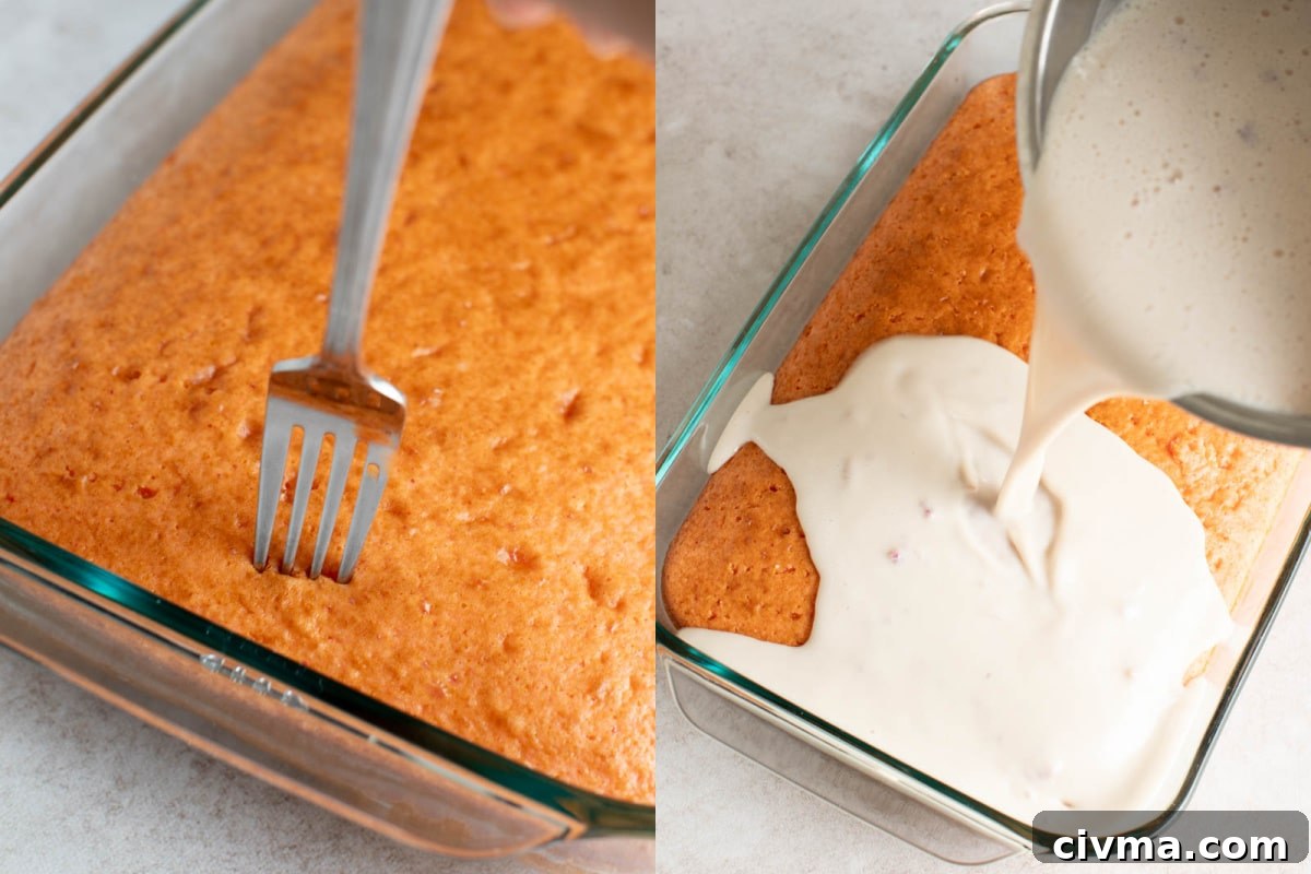 poking the cake with a fork and then pouring the tres leches milk mixture over the top of the cake to soak in.