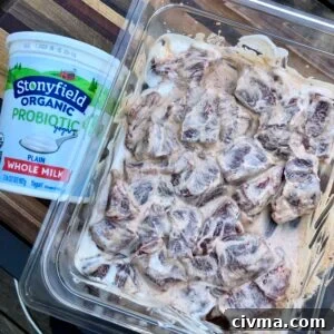 Sirloin steak tips coated in yogurt marinade