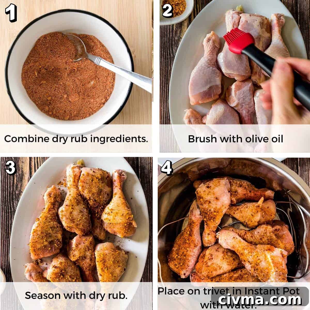 A collage of four process shots showing how to apply oil and dry rub to the chicken legs.