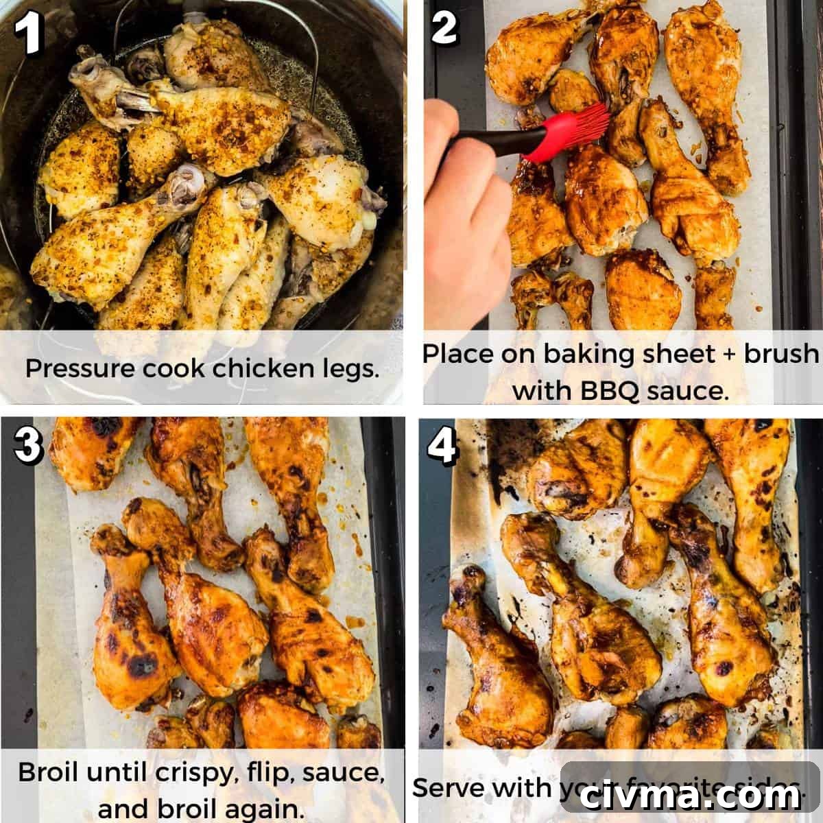 A collage of four photos showing how to brush chicken legs with BBQ sauce and broil them until crispy.
