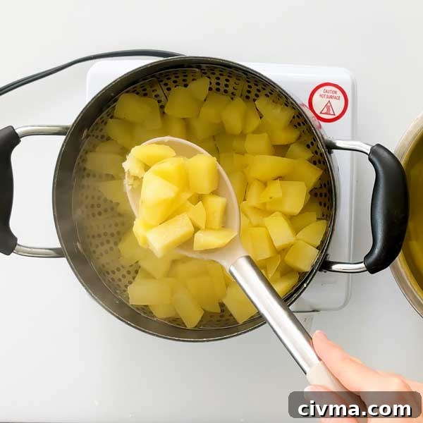 Creamy Garlic Cottage Cheese Mashed Potatoes 13 Steamed potatoes in a steamer basket in a sauce pan.