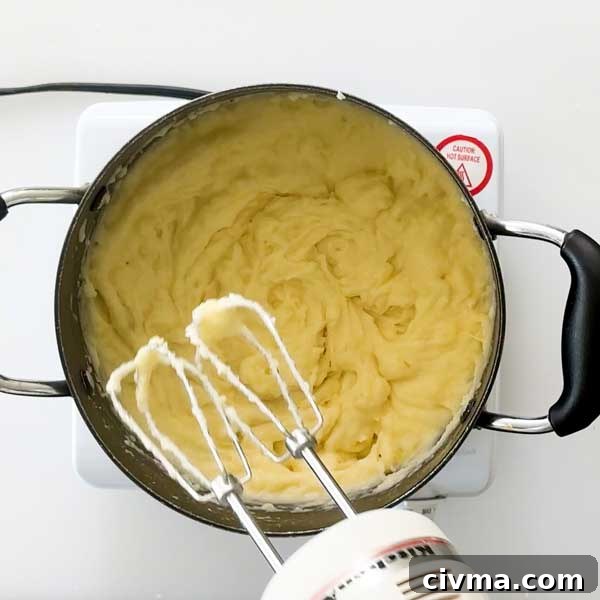 Creamy Garlic Cottage Cheese Mashed Potatoes 16 Whipping the potato ingredients with an electric hand mixer.
