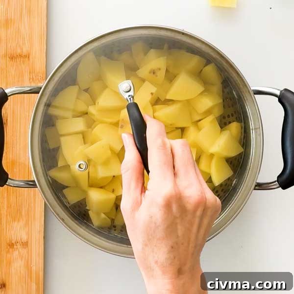 Creamy Garlic Cottage Cheese Mashed Potatoes 7 Placing the lid on top of a saucepan with a steamer basket filled with diced potatoes.