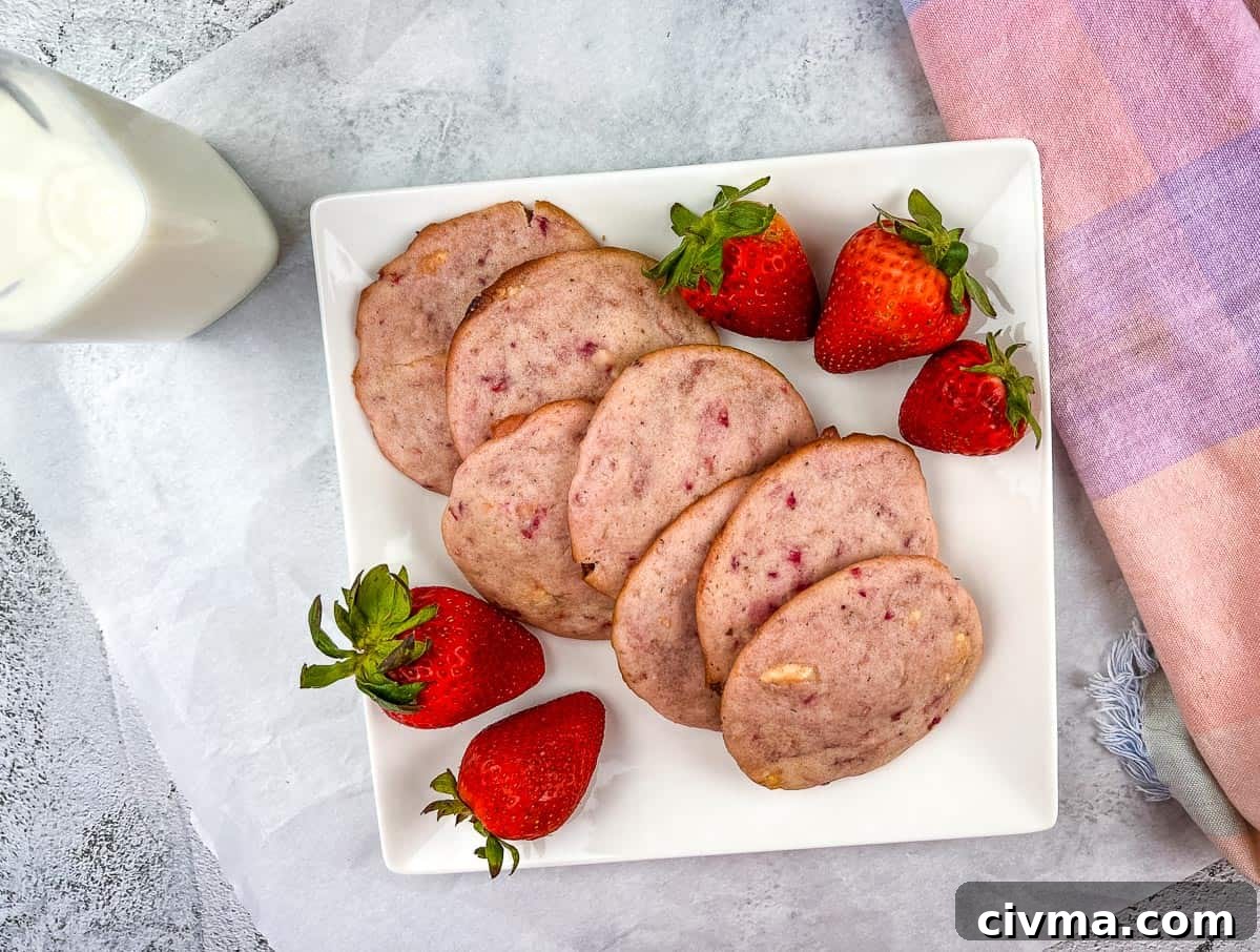Strawberry Shortcake Cookies on a white plate with strawberries nearby.