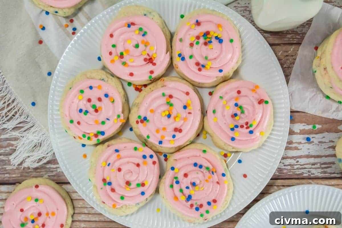 A plate of Copycat Crumbl Confetti Cake Cookies topped with pink frosting and multicolored sprinkles sits on a wooden table.