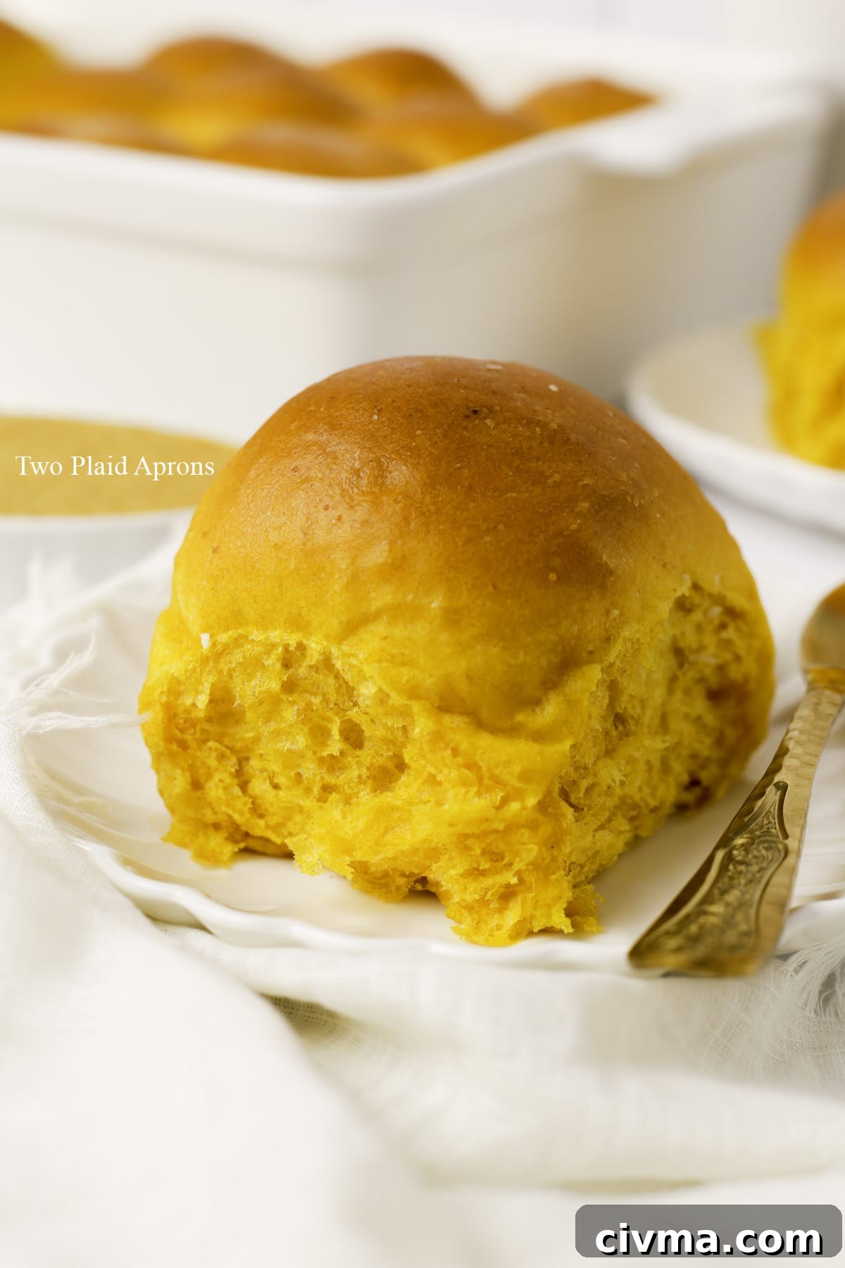 Soft Pumpkin Dinner Rolls Recipe 25 Reheated pumpkin dinner roll with soft texture.