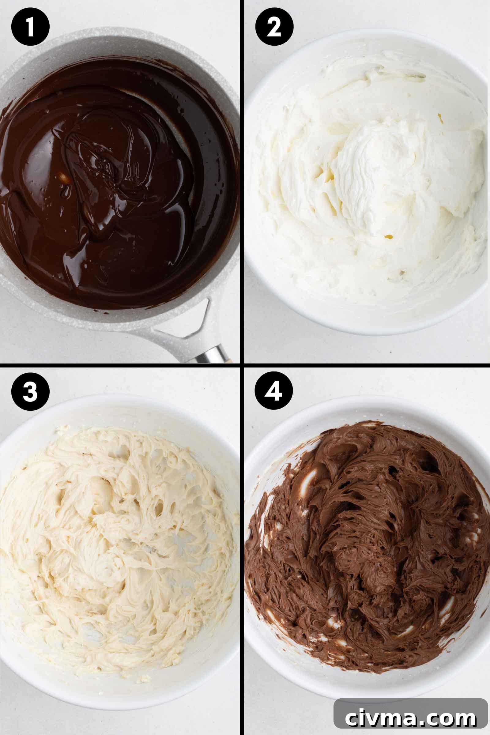 a collage showing the melting of chocolate, whipping cream and cream cheese, and then mixing together
