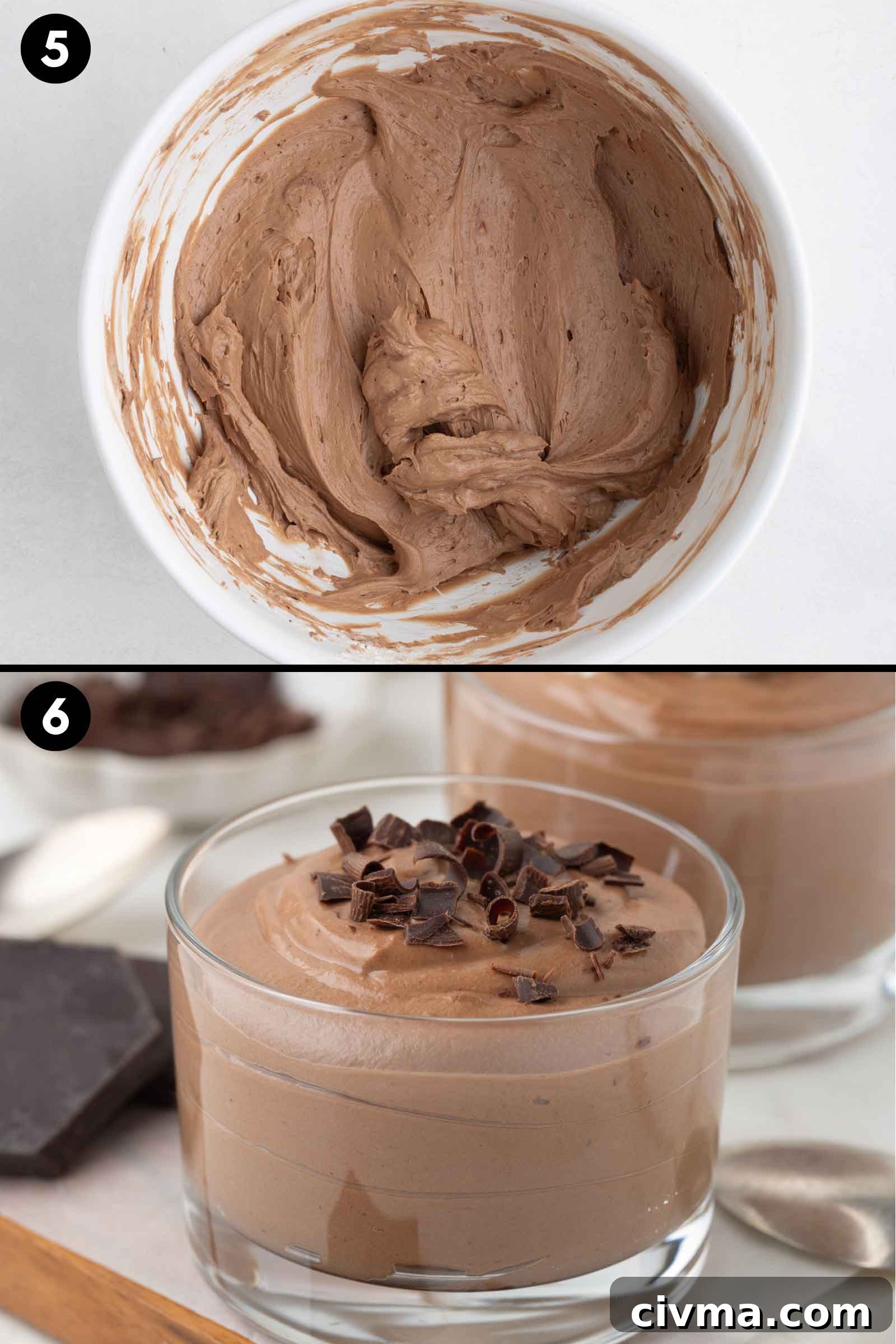 a collage showing the cream mixture combined with the chocolate and the finished mousse in a glass