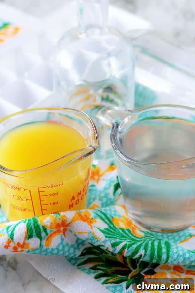 All of the tropical cocktail booze cubes ingredients like coconut water, pineapple juice, and light rum.