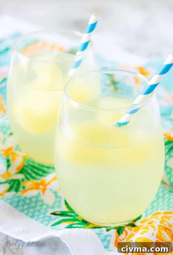The tropical cocktail booze cubes melting in the sparkling water served in a stemless wine glass.