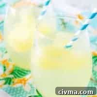 The tropical cocktail booze cubes melting in the sparkling water served in a stemless wine glass.