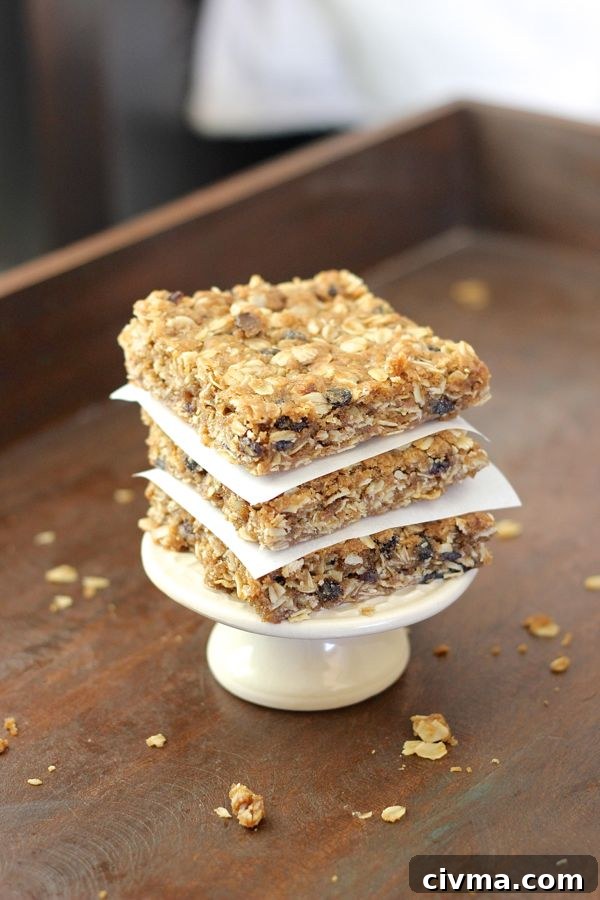 Brown Butter Oatmeal Currant Cookie Bars in a stack of three.