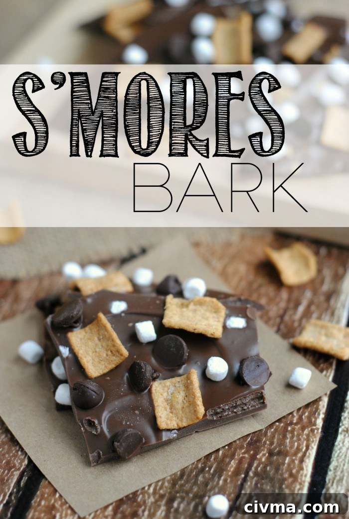 Easy S'mores Bark recipe made with chocolate candy melts, marshmallow bits, and Golden Grahams cereal for a simple summer dessert.